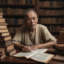 A high-resolution, thoughtful image of Tan Malaka, the renowned Indonesian philosopher, while he's in his study, surrounded by books and writing materials capturing him in contemplative mood.