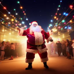 An even plumper, overly jolly Santa in the midst of a trippy, night-time rave at Coachella. As he dances ecstatically, his radiant glow sticks and festive tinsel create hypnotic light trails in the night, creating a surreal atmosphere.