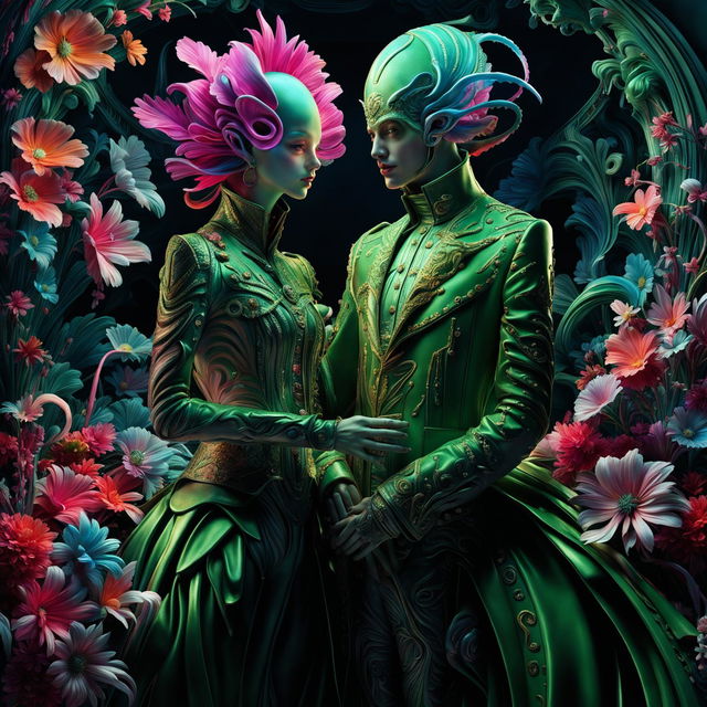 Hyper-realistic 3D image of a Rococo-inspired alien couple in vibrant, flower-adorned attire, surrounded by otherworldly flora in a dramatic, colourful setting.