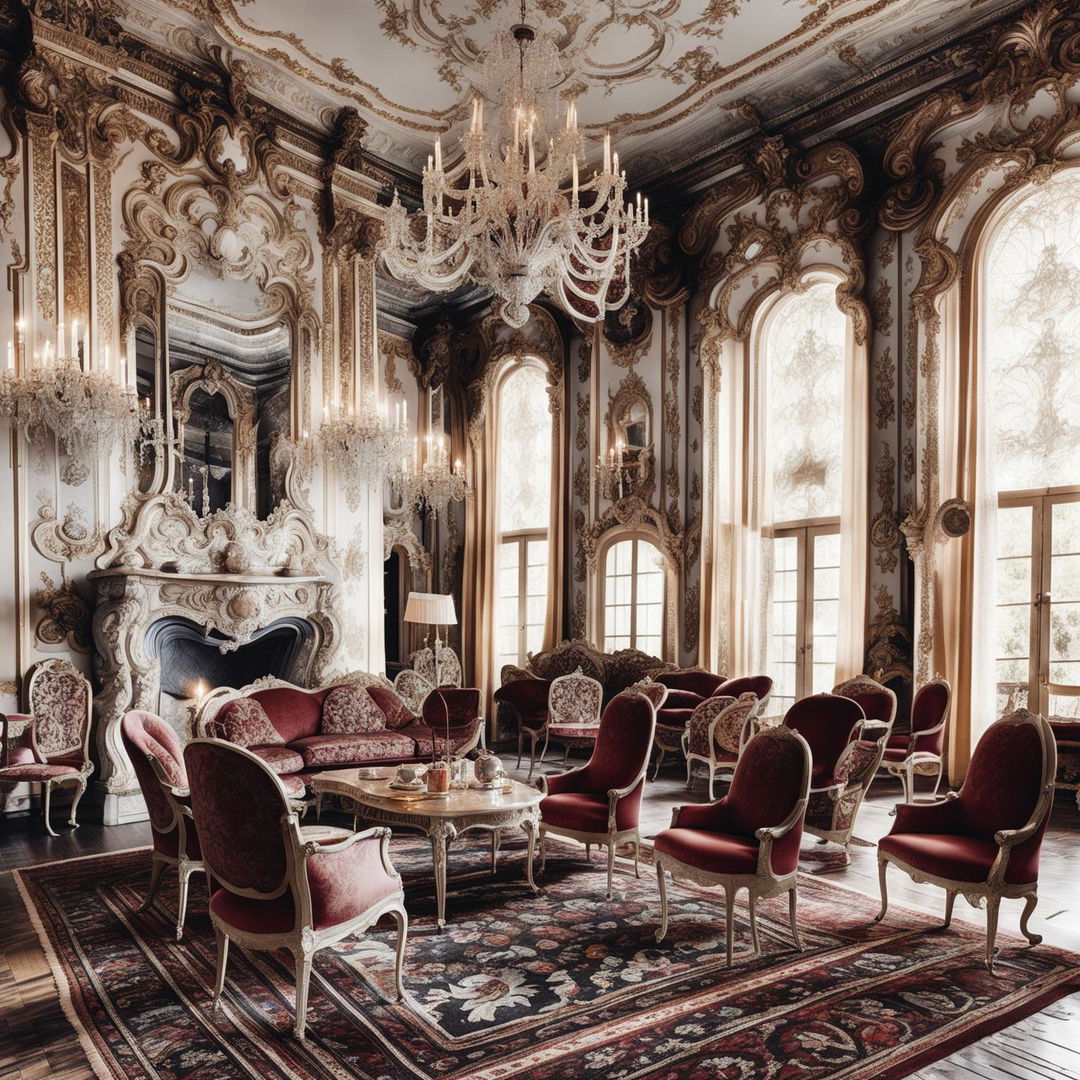 A grand Rococo-style parlour room with gilded moldings, damask wallpaper, crystal chandelier, plush velvet furniture, ornate fireplace, Persian rug, and large windows draped with silk curtains.