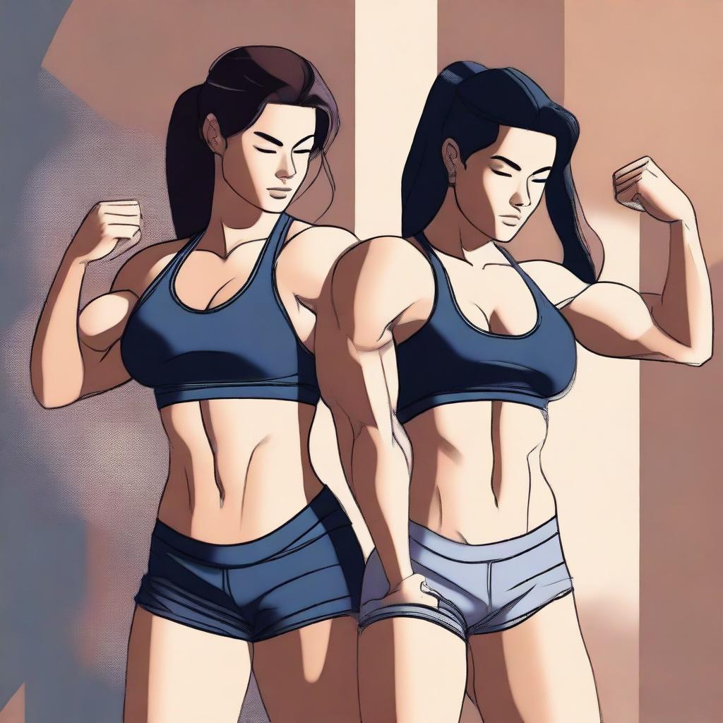 A digital art image of high quality depicts two fit girls flexing their muscles, with their veins subtly visible