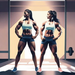 A digital art image of high quality depicts two fit girls flexing their muscles, with their veins subtly visible