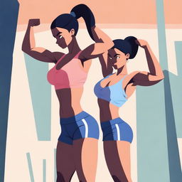 A digital art image of high quality depicts two fit girls flexing their muscles, with their veins subtly visible