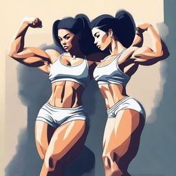 A digital art image of high quality depicts two fit girls flexing their muscles, with their veins subtly visible