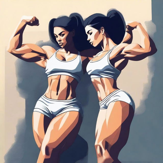 A digital art image of high quality depicts two fit girls flexing their muscles, with their veins subtly visible