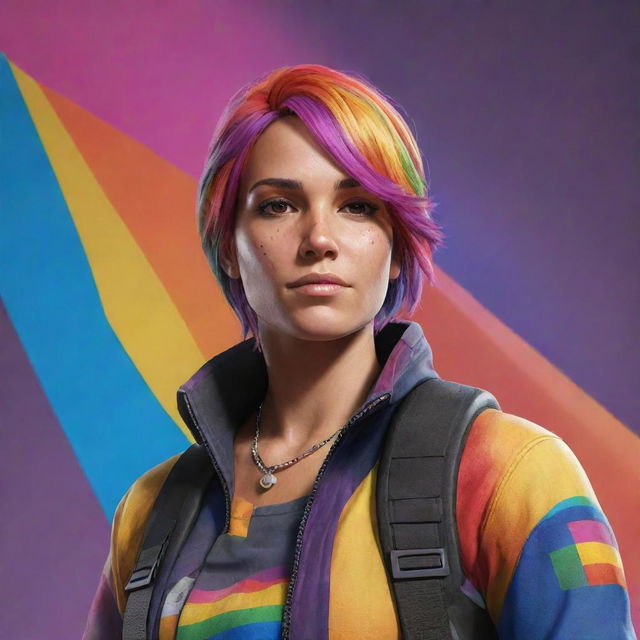 Illustrate a character avatar in the style of the game 'Free Fire'. It should exude strength and courage, outfitted in vibrant tactical gear, with the colors of the LGBTQ+ pride flag integrated seamlessly into the design.