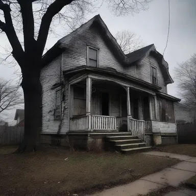 The haunted house stands out with its boldness in the otherwise quiet and gloomy neighborhood.