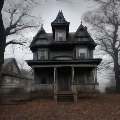 The haunted house stands out with its boldness in the otherwise quiet and gloomy neighborhood.