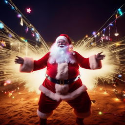 An even plumper, overly jolly Santa in the midst of a trippy, night-time rave at Coachella. As he dances ecstatically, his radiant glow sticks and festive tinsel create hypnotic light trails in the night, creating a surreal atmosphere.