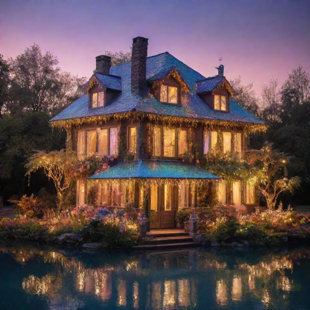 A magical house with enchanting elements such as sparkling fairylights, floating islands, an iridescent aura, rainbow-colored plants, and glowing golden windows.