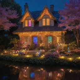 A magical house with enchanting elements such as sparkling fairylights, floating islands, an iridescent aura, rainbow-colored plants, and glowing golden windows.