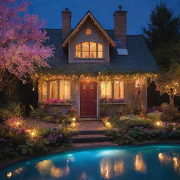 A magical house with enchanting elements such as sparkling fairylights, floating islands, an iridescent aura, rainbow-colored plants, and glowing golden windows.