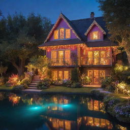 A magical house with enchanting elements such as sparkling fairylights, floating islands, an iridescent aura, rainbow-colored plants, and glowing golden windows.