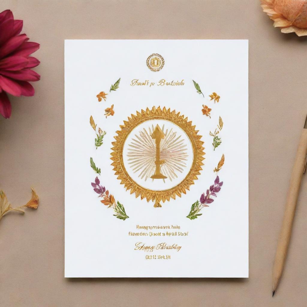 Design an elegant and professional birthday card featuring symbols of IAS (Indian Administrative Service). Include well wishes and an inspirational quote.