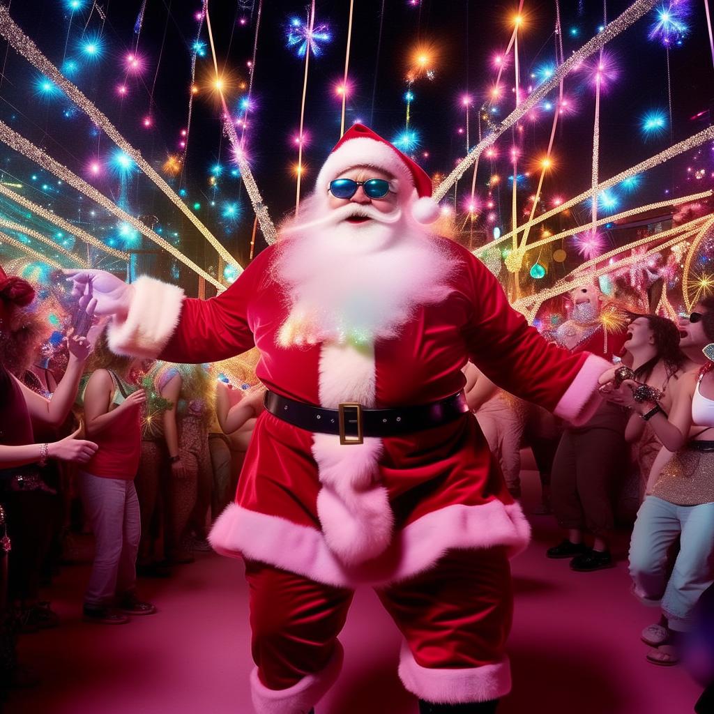 An even plumper, overly jolly Santa in the midst of a trippy, night-time rave at Coachella. As he dances ecstatically, his radiant glow sticks and festive tinsel create hypnotic light trails in the night, creating a surreal atmosphere.