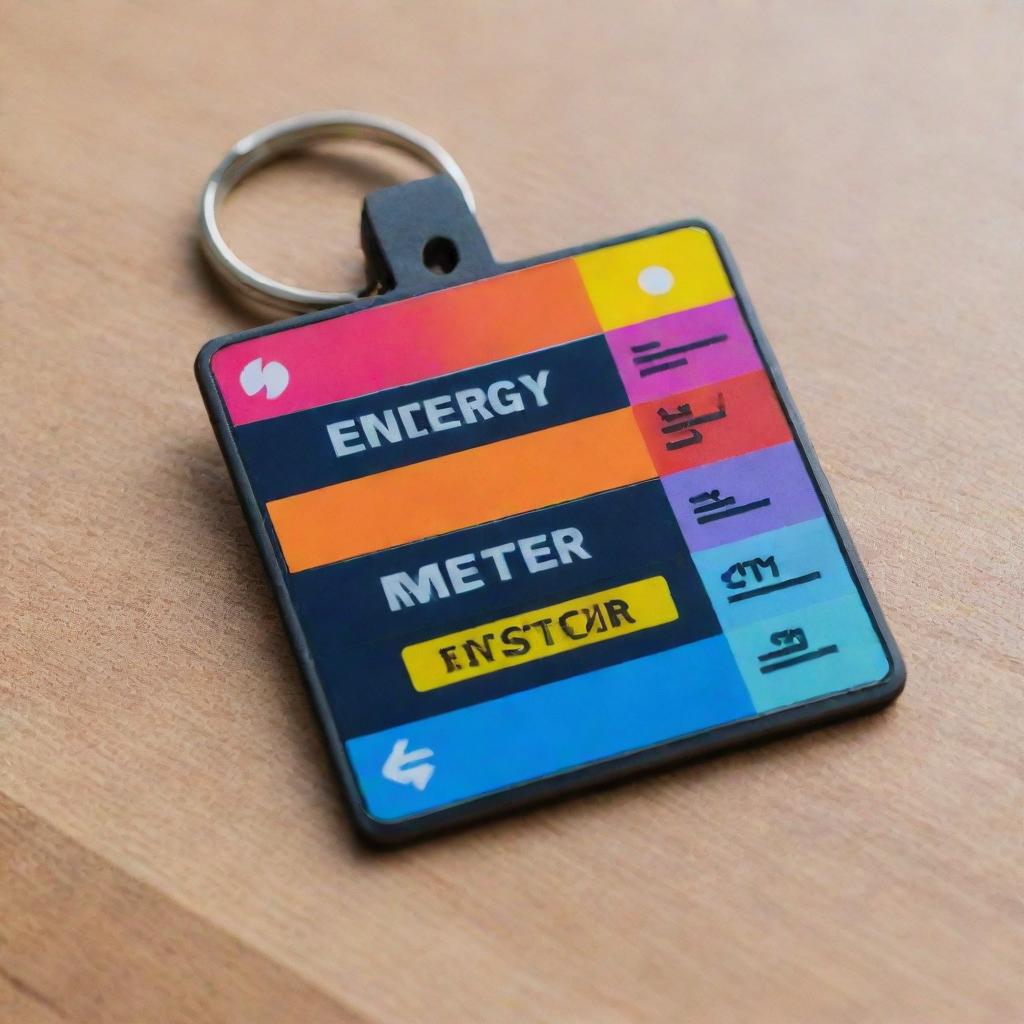 A professional and colorful name tag that says 'Energy Meter' set against a background rich with symbols of energy like lightning bolts, solar panels, wind turbines, and atoms.