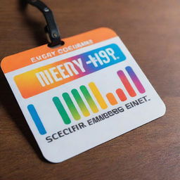 A professional and colorful name tag that says 'Energy Meter' set against a background rich with symbols of energy like lightning bolts, solar panels, wind turbines, and atoms.