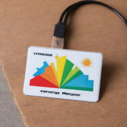 A professional and colorful name tag that says 'Energy Meter' set against a background rich with symbols of energy like lightning bolts, solar panels, wind turbines, and atoms.