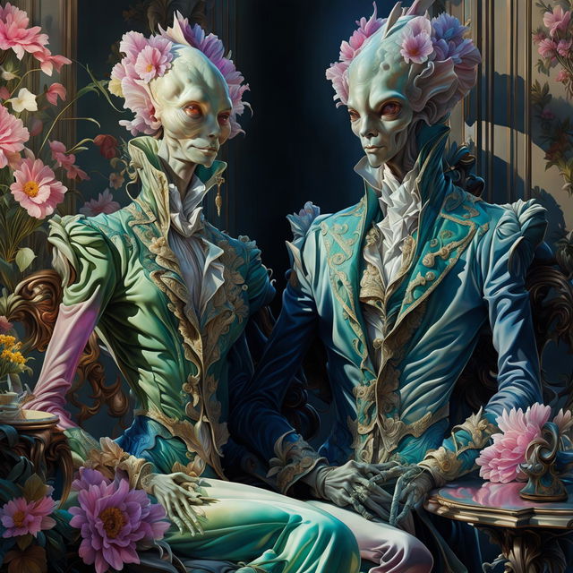 Hyper-realistic 3D image of a rococo-styled alien couple in vibrant colours, surrounded by a flower aesthetic.