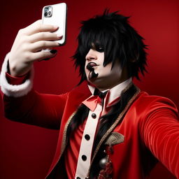 Santa Claus snapping a selfie, wearing his traditional red suit but in an emo twist from 2004 with bangs, heavy black eyeliner, striking black lipstick, and a coon tail streak in his hair.