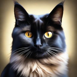 An image of a fluffy black cat with mesmerizing golden eyes