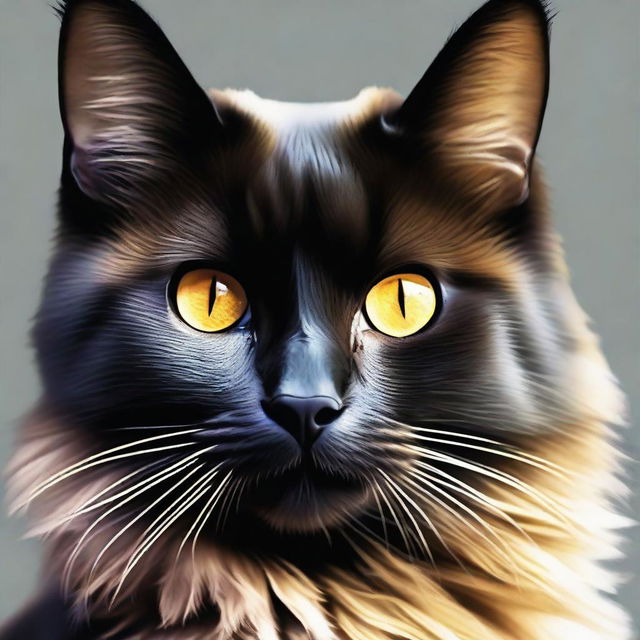 An image of a fluffy black cat with mesmerizing golden eyes