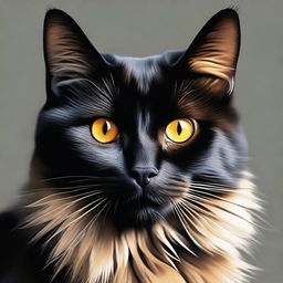 An image of a fluffy black cat with mesmerizing golden eyes