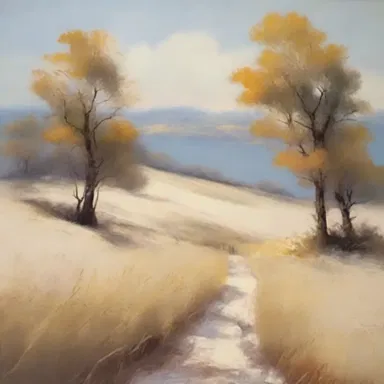 The artist used creamy oil paints to create a soft and delicate texture in her landscape painting.