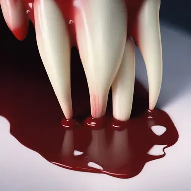 The creamy blood oozed from the vampire's fangs, sending shivers down my spine.