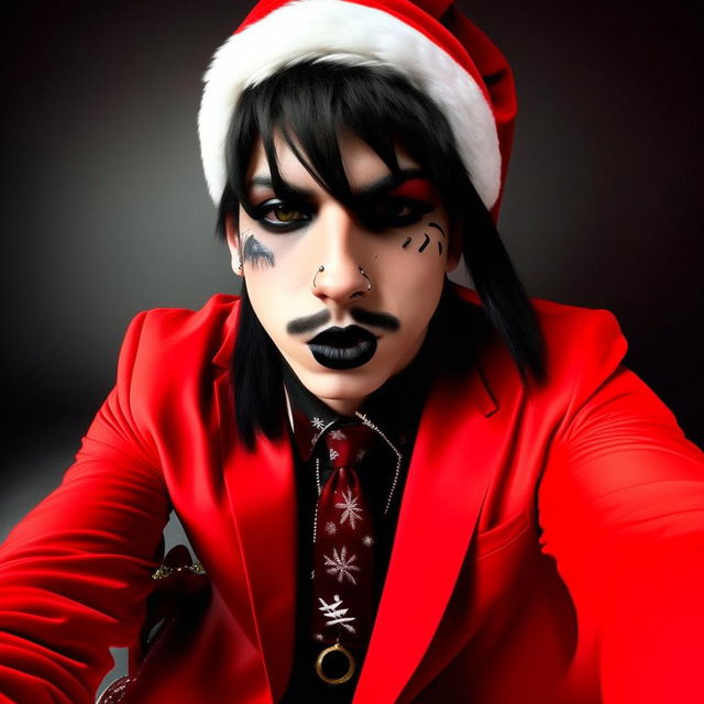 Santa Claus snapping a selfie, wearing his traditional red suit but in an emo twist from 2004 with bangs, heavy black eyeliner, striking black lipstick, and a coon tail streak in his hair.