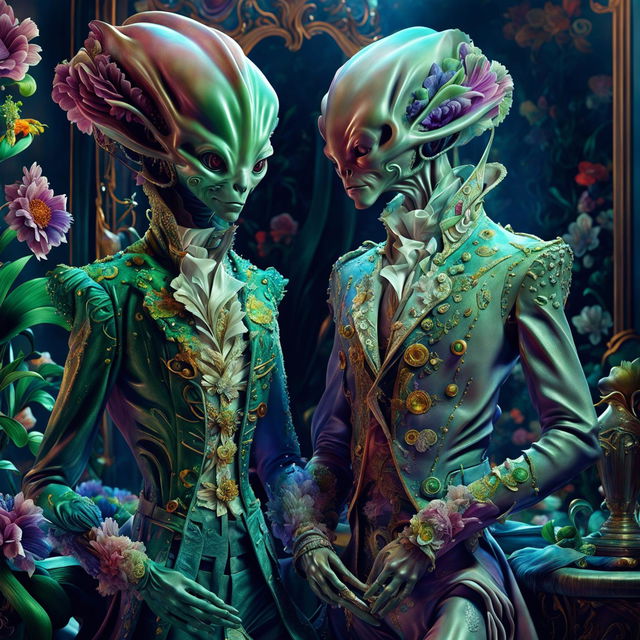 Hyper-realistic 3D image of a rococo-styled alien couple in vibrant colours, surrounded by a flower aesthetic.