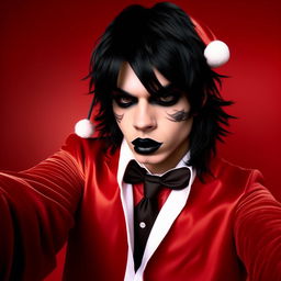 Santa Claus snapping a selfie, wearing his traditional red suit but in an emo twist from 2004 with bangs, heavy black eyeliner, striking black lipstick, and a coon tail streak in his hair.