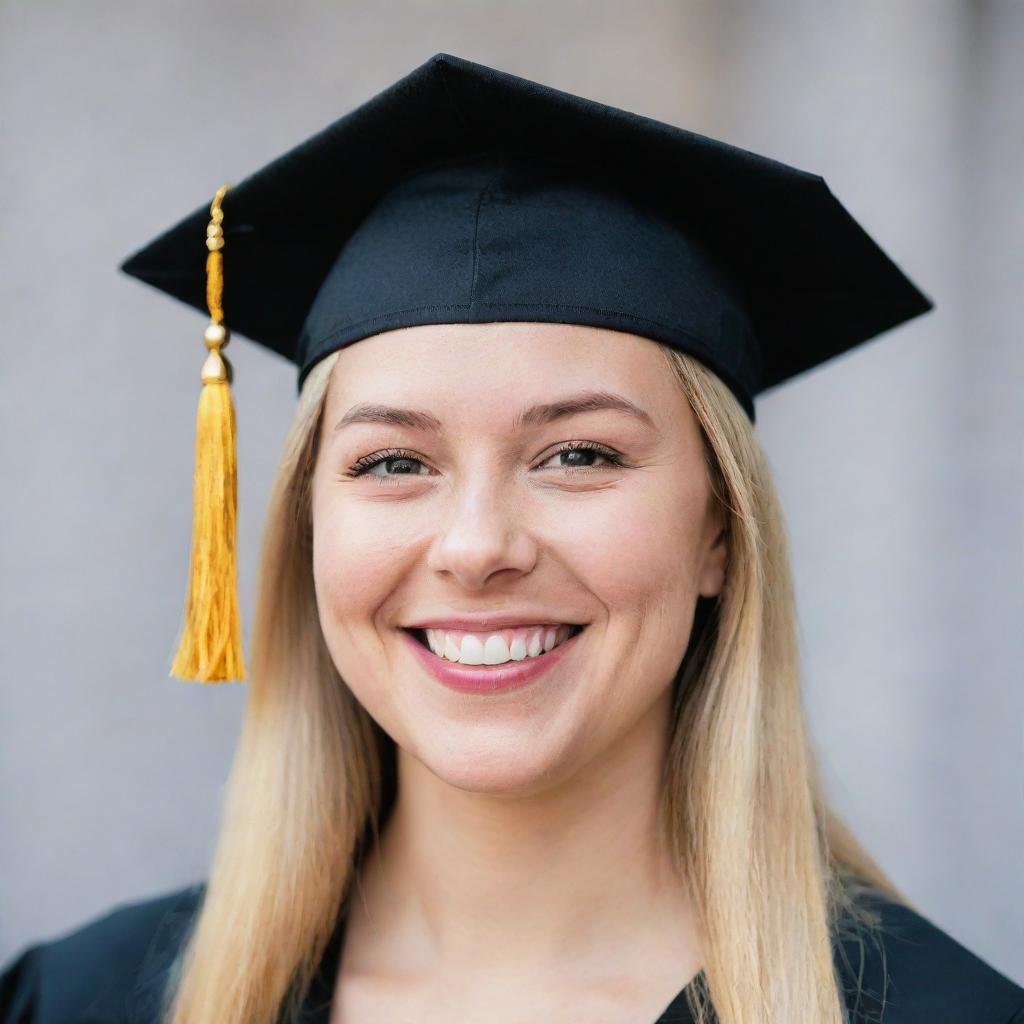 A high-resolution headshot of a recent graduate, the graduate is wearing a black cap with a golden tassel and a bright smiled filled with pride, achievement and happiness. The background is blurred to focus on the subject.