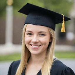 A high-resolution headshot of a recent graduate, the graduate is wearing a black cap with a golden tassel and a bright smiled filled with pride, achievement and happiness. The background is blurred to focus on the subject.