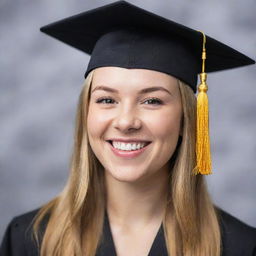 A high-resolution headshot of a recent graduate, the graduate is wearing a black cap with a golden tassel and a bright smiled filled with pride, achievement and happiness. The background is blurred to focus on the subject.