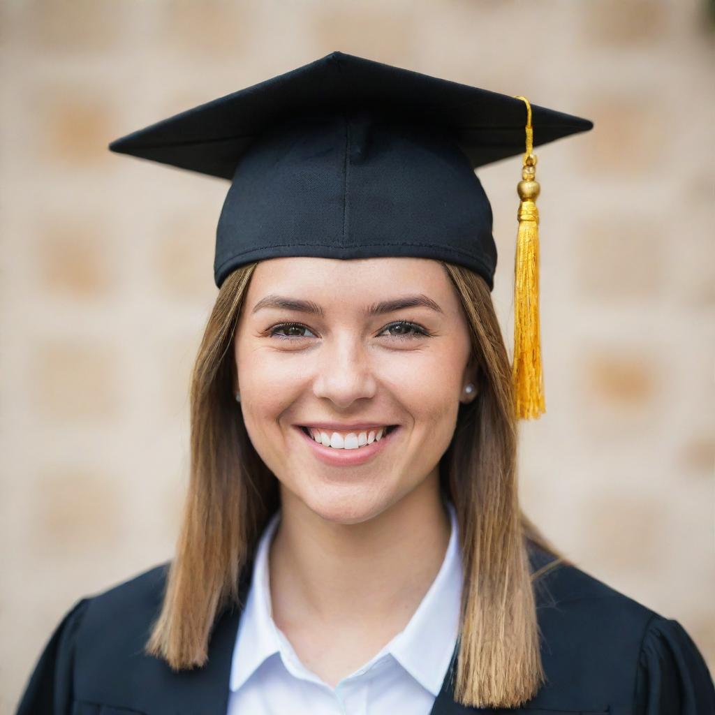 A high-resolution headshot of a recent graduate, the graduate is wearing a black cap with a golden tassel and a bright smiled filled with pride, achievement and happiness. The background is blurred to focus on the subject.