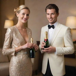 Two friends in a luxury, first-class hotel room: one wearing stylish, high-end designer clothes, the other modestly dressed with admiration for the glamorous attire of the companion. They are sharing an ostentatious bottle of expensive champagne.