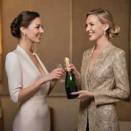 Two friends in a luxury, first-class hotel room: one wearing stylish, high-end designer clothes, the other modestly dressed with admiration for the glamorous attire of the companion. They are sharing an ostentatious bottle of expensive champagne.