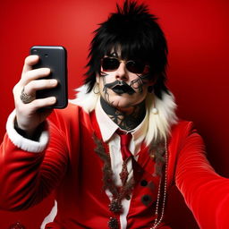 Santa Claus snapping a selfie, wearing his traditional red suit but in an emo twist from 2004 with bangs, heavy black eyeliner, striking black lipstick, and a coon tail streak in his hair.