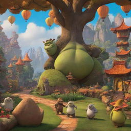 An imaginative revelation of a DreamWorks Animation scene, consisting of vivid, colorful, and enchanting elements reminiscent of their popular movies like Shrek, Kung Fu Panda or How to Train Your Dragon.