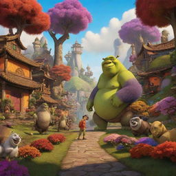 An imaginative revelation of a DreamWorks Animation scene, consisting of vivid, colorful, and enchanting elements reminiscent of their popular movies like Shrek, Kung Fu Panda or How to Train Your Dragon.