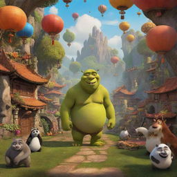 An imaginative revelation of a DreamWorks Animation scene, consisting of vivid, colorful, and enchanting elements reminiscent of their popular movies like Shrek, Kung Fu Panda or How to Train Your Dragon.