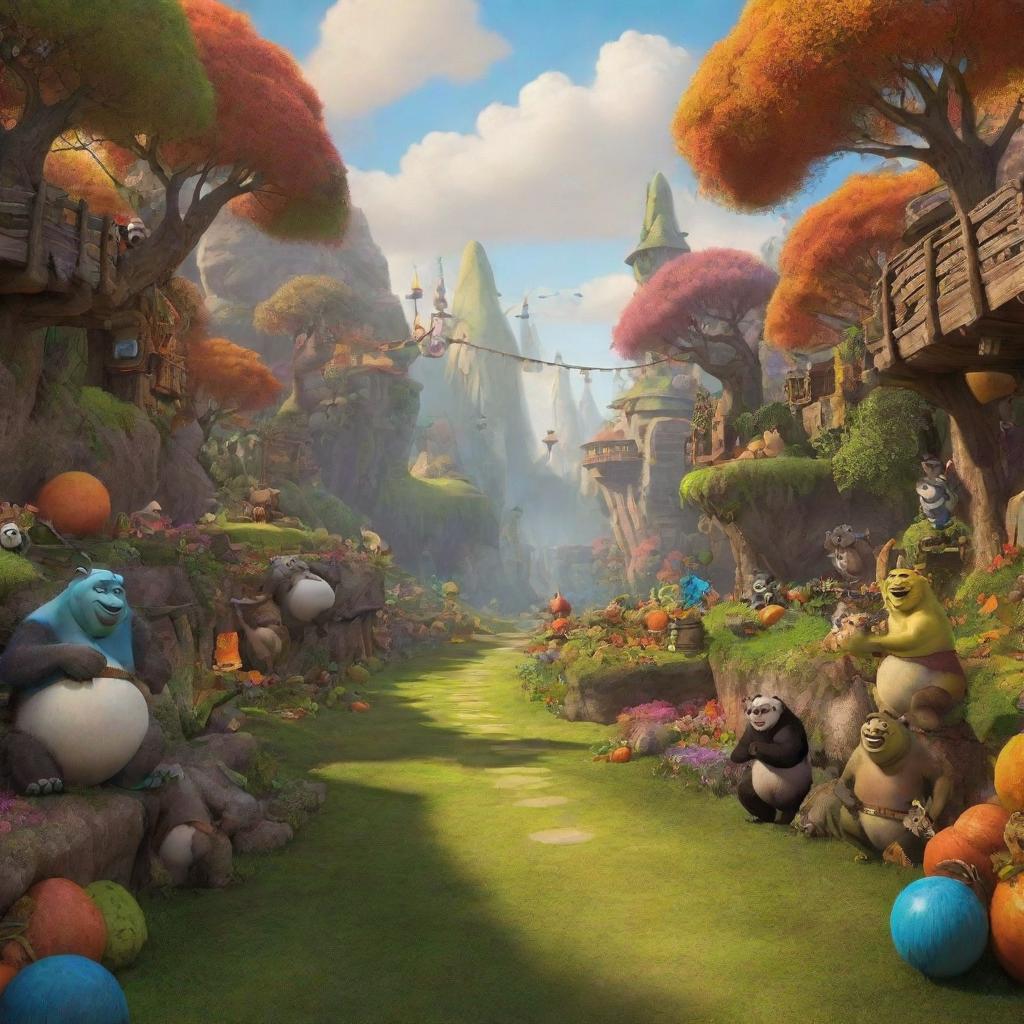 An imaginative revelation of a DreamWorks Animation scene, consisting of vivid, colorful, and enchanting elements reminiscent of their popular movies like Shrek, Kung Fu Panda or How to Train Your Dragon.