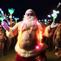 A shirtless, extremely plump, overly jolly Santa at a night-time rave at Coachella, adorned with a vibrant glow stick necklace. He is performing a hypnotic gloving dance, creating enchanting light trails and a mesmerizing spectacle.