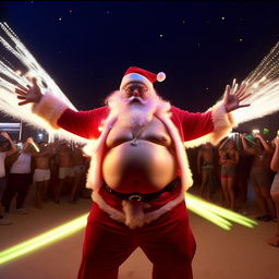 A shirtless, extremely plump, overly jolly Santa at a night-time rave at Coachella, adorned with a vibrant glow stick necklace. He is performing a hypnotic gloving dance, creating enchanting light trails and a mesmerizing spectacle.