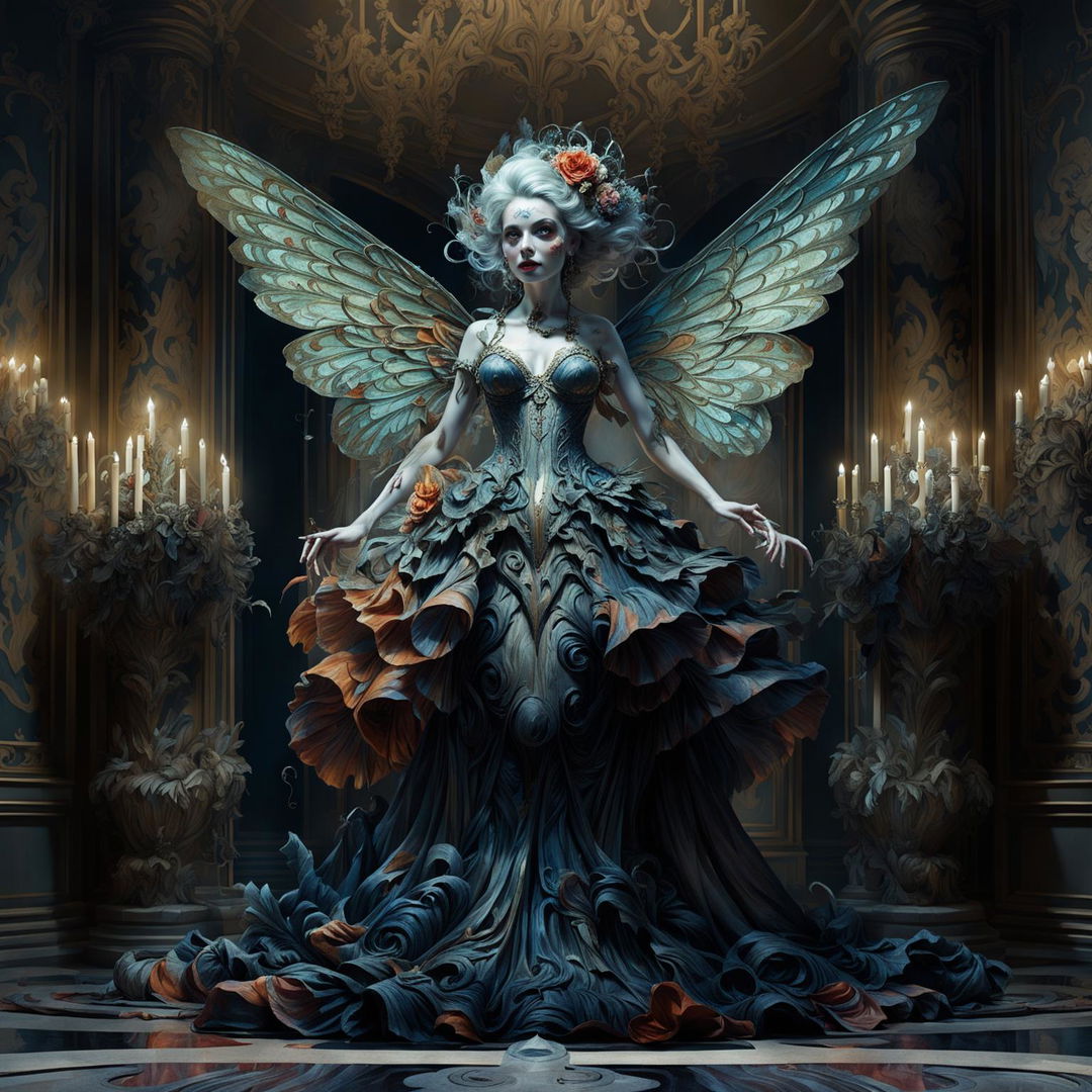 Hyper-realistic 3D image of an evil rococo fairy in a grand hall, draped in a vibrant, floral gown. The scene is dramatic and eerie, with a dark, unsettling color palette.