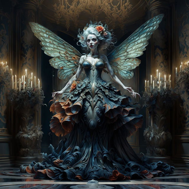 Hyper-realistic 3D image of an evil rococo fairy in a grand hall, draped in a vibrant, floral gown. The scene is dramatic and eerie, with a dark, unsettling color palette.