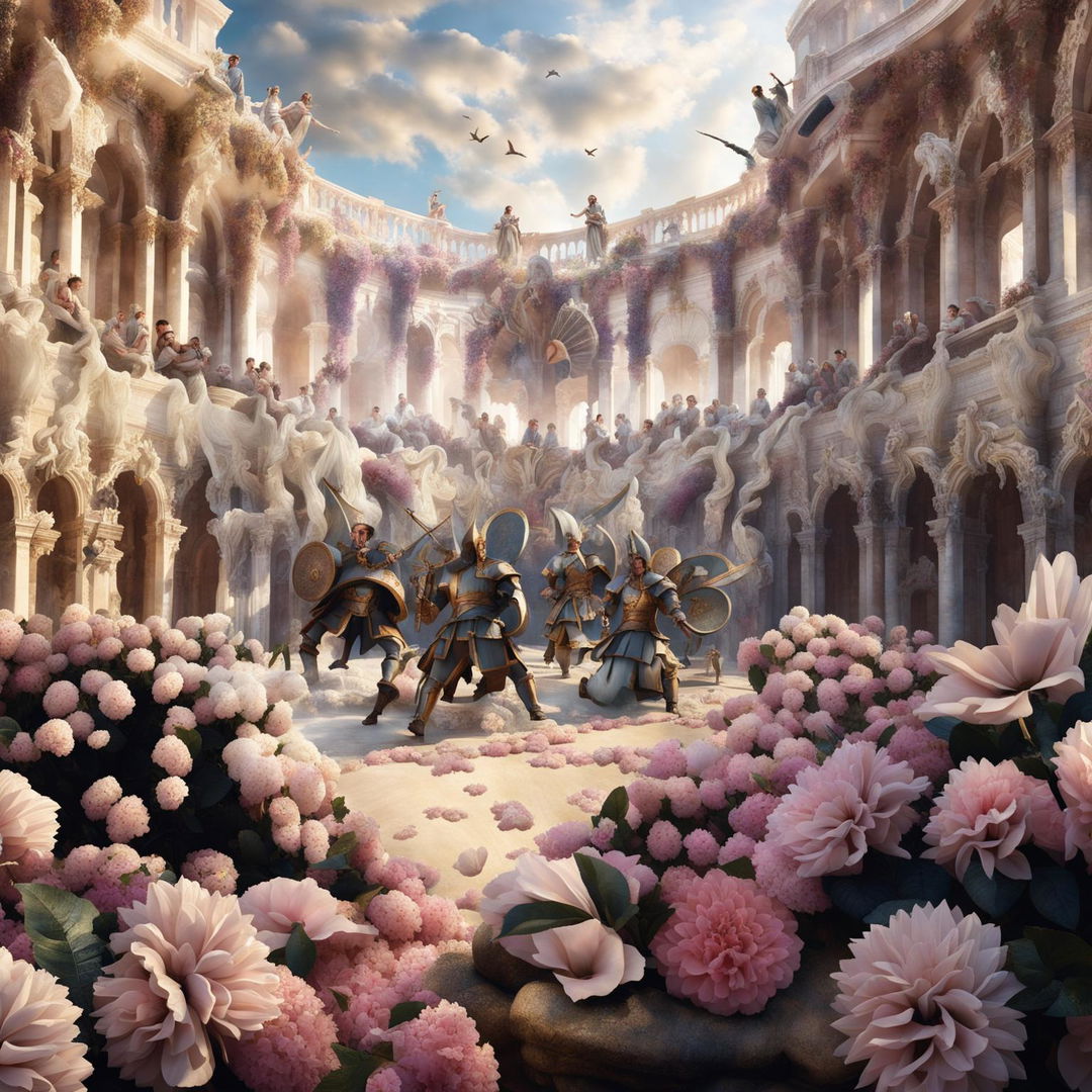 A huge Rococo-style Roman Colosseum hosting a gladiatorial battle amidst blooming flowers in pastel colors, with spectators in the stands observing the ethereal and beautiful scene.