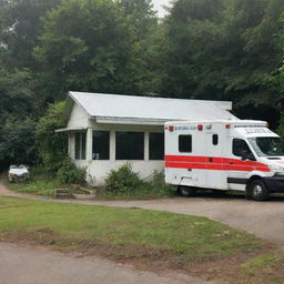 A well-equipped rural clinic nestled in greenery with an advanced ambulance parked nearby.