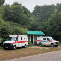 A well-equipped rural clinic nestled in greenery with an advanced ambulance parked nearby.